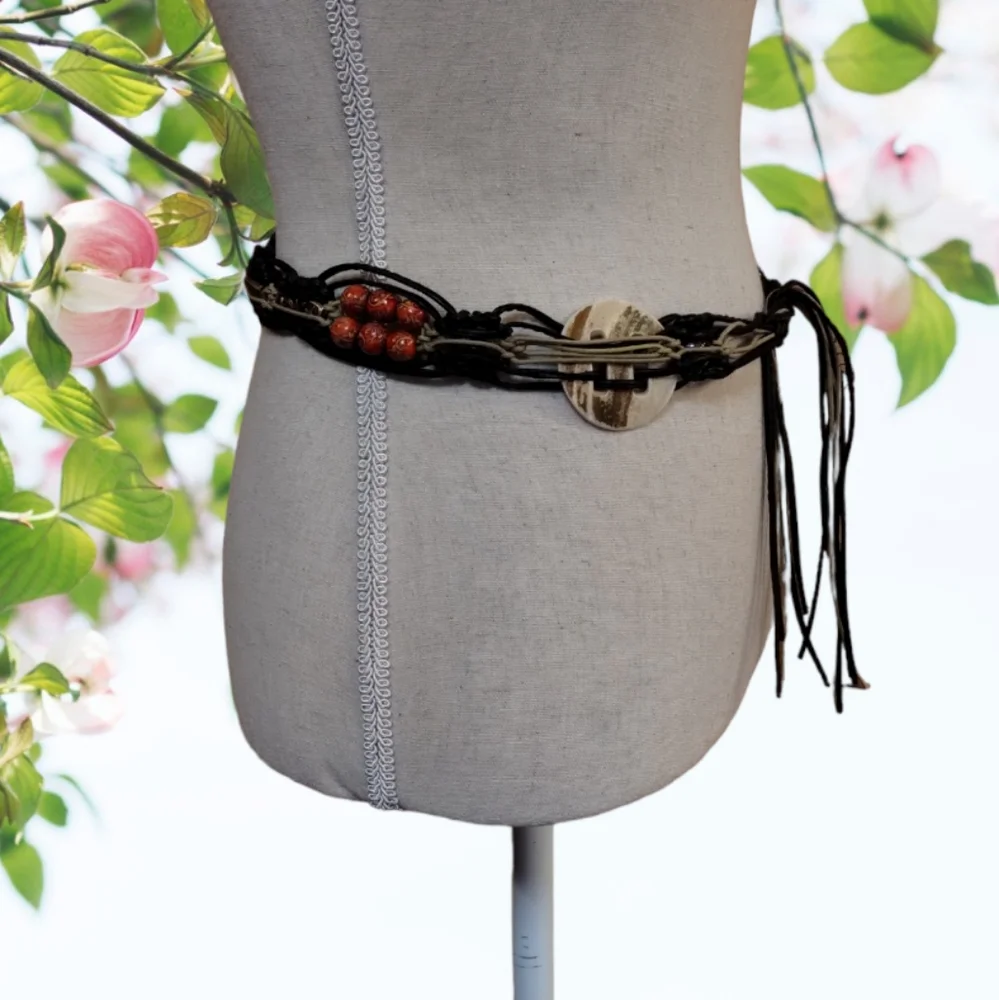 Macrame Beaded & Shell Belt With Tie Front Size XS to S